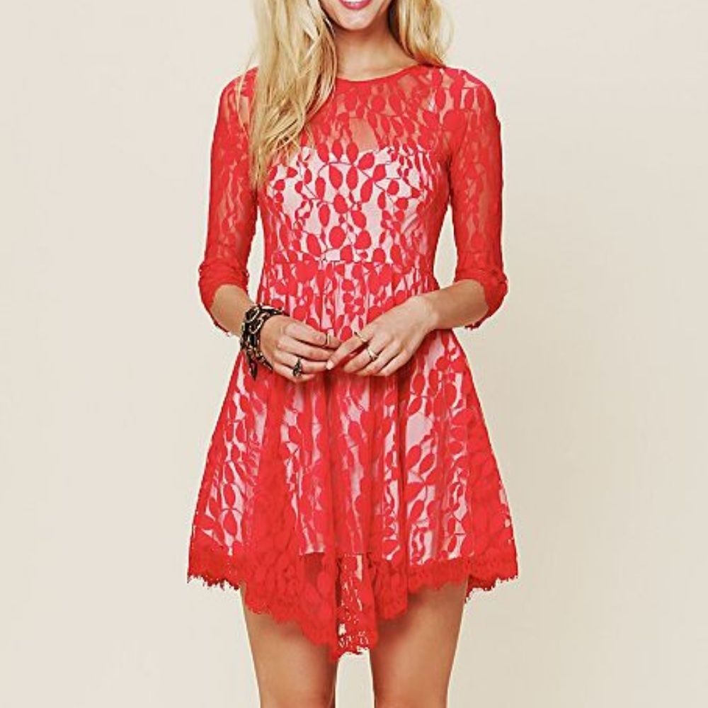 Free People Red Floral Mesh Lace Scalloped Hem Dress Women's 8